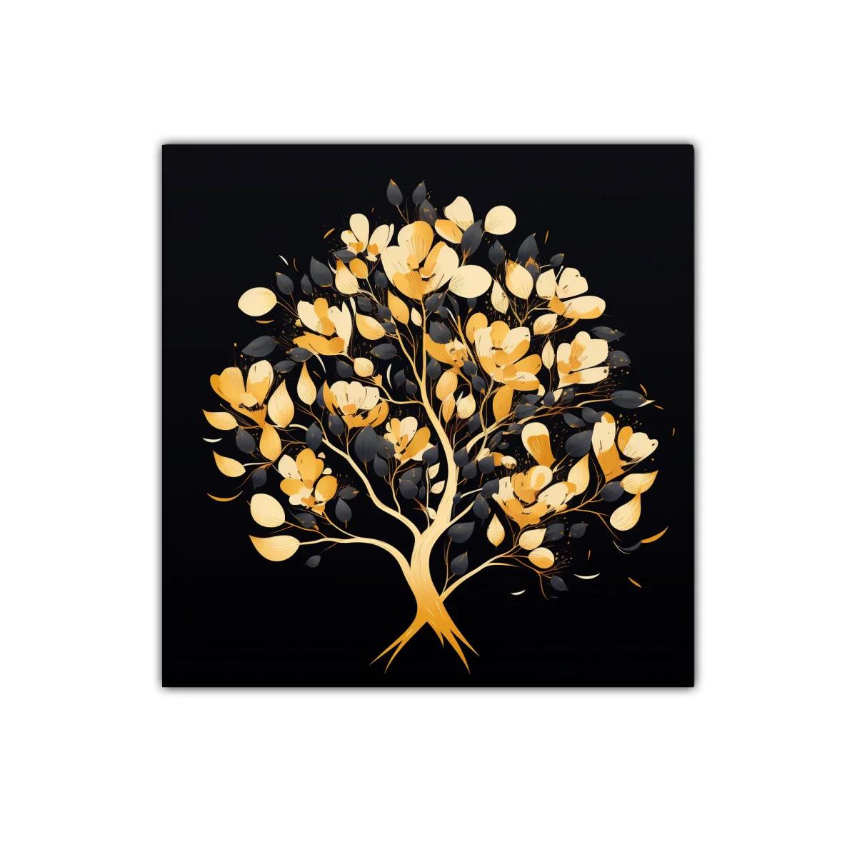 Árbol dorado con flores y hojas negras sobre fondo oscuro — imagen principal