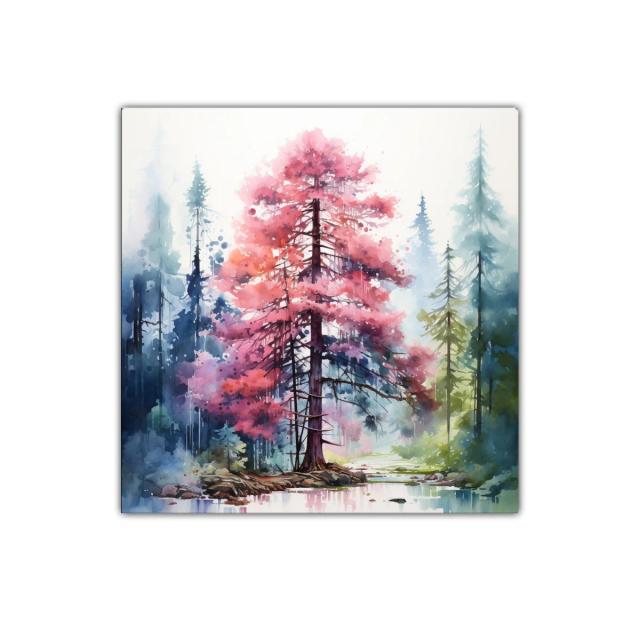 Bosque encantado con árbol rosa en paisaje sereno