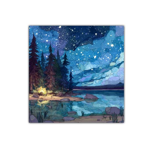 Paisaje nocturno estrellado con lago y bosque encantado