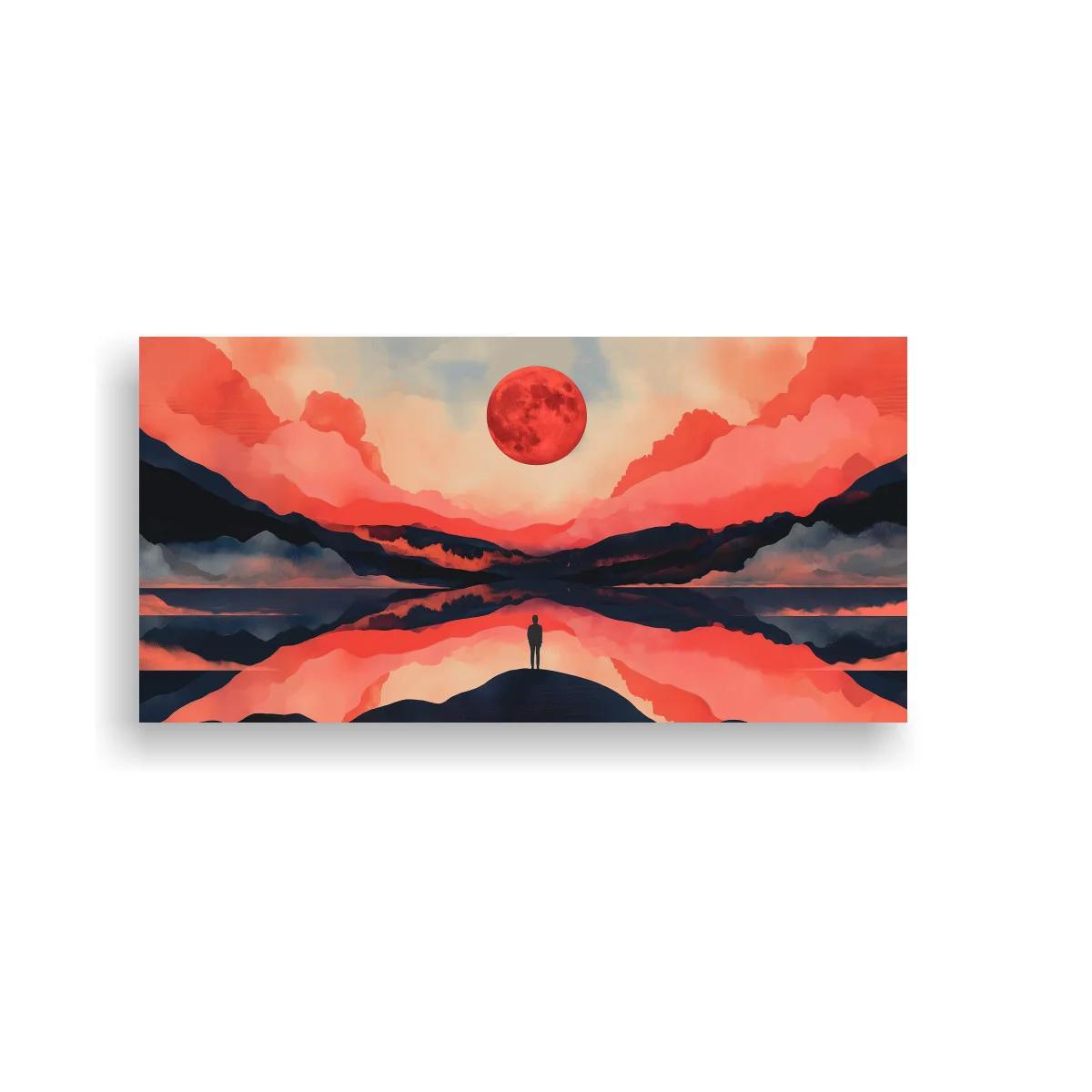Cuadro paisaje de montañas con luna roja y figura junto al lago