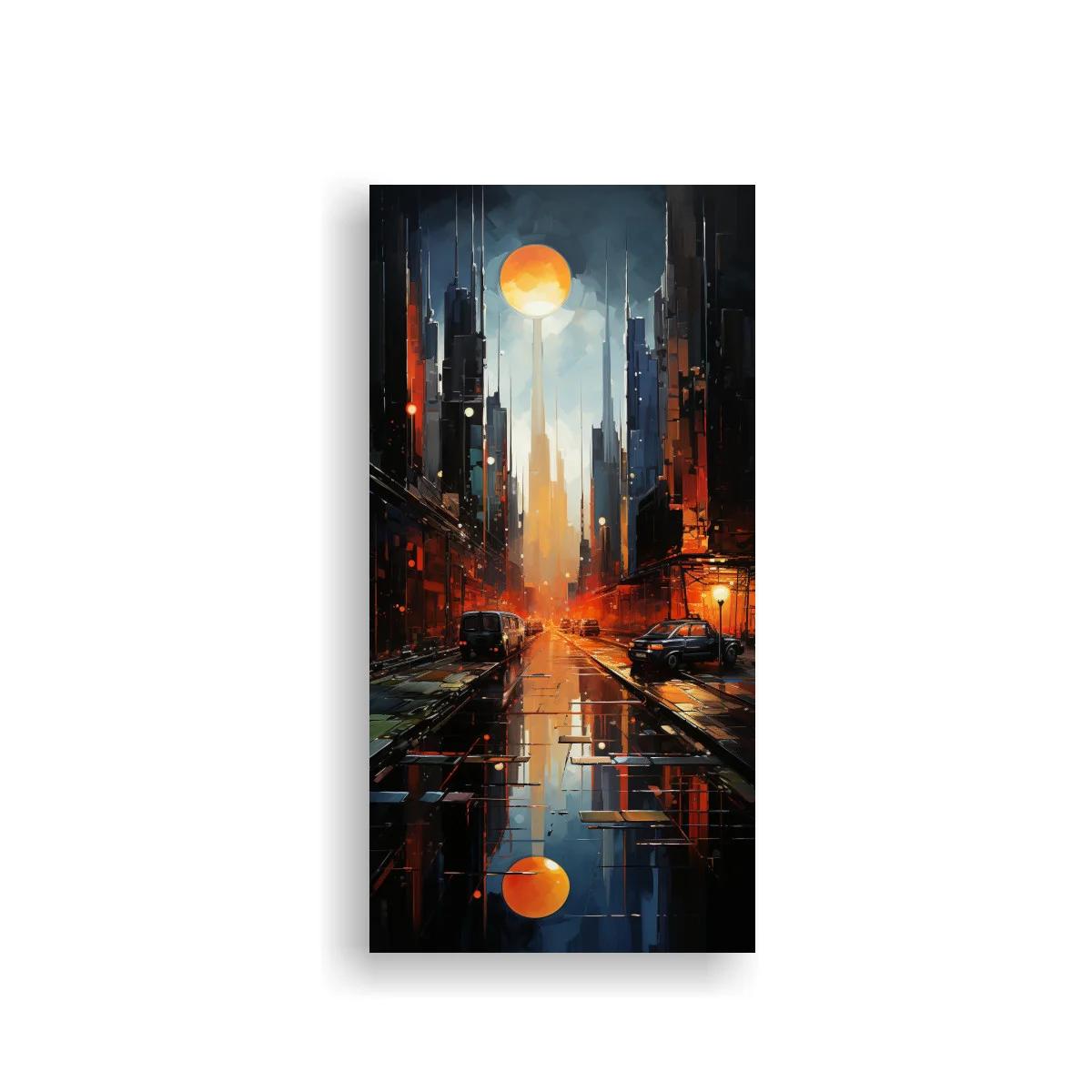 Cuadro calle urbana nocturna con luna naranja — imagen principal