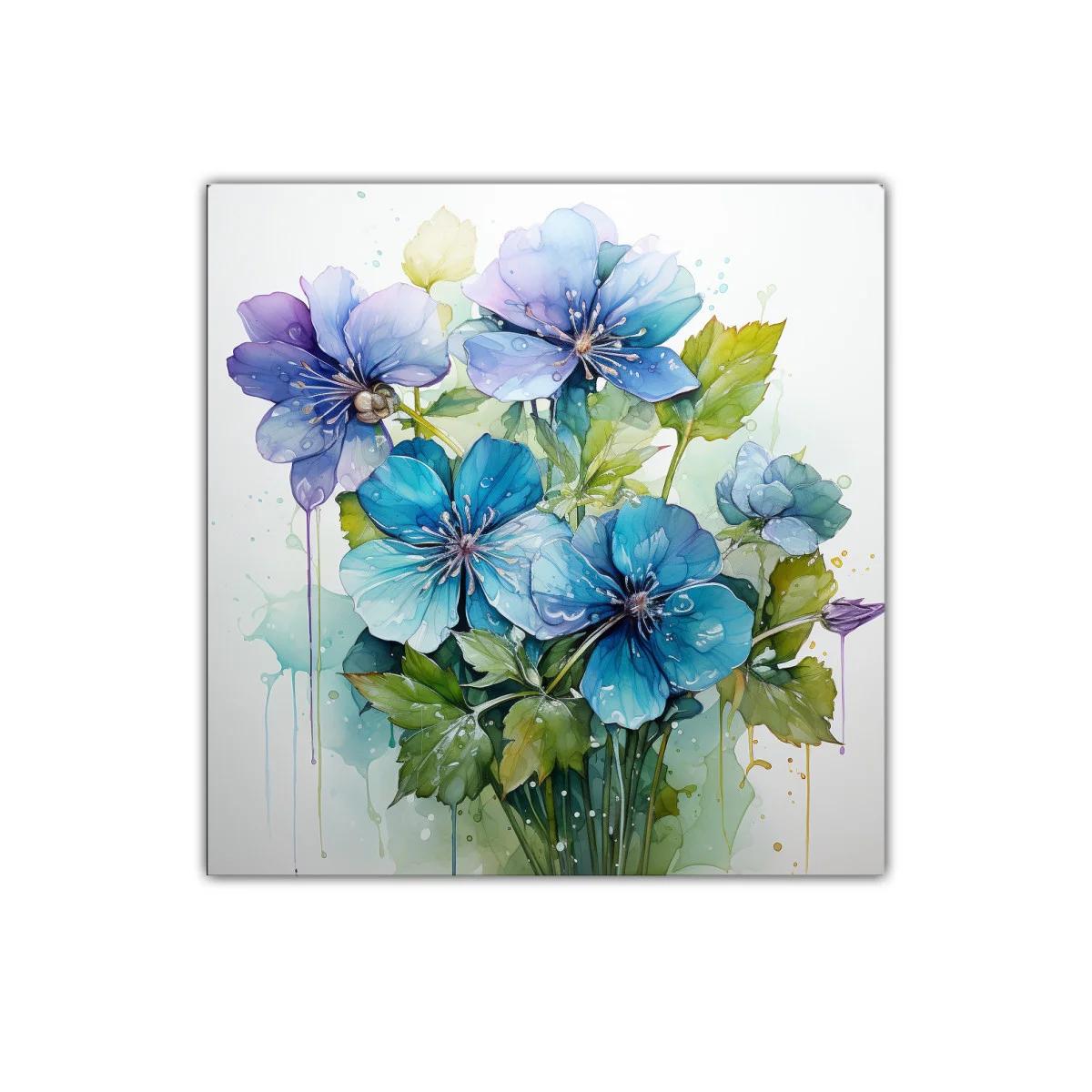 Cuadro decorativo con flores azules y verdes vibrantes