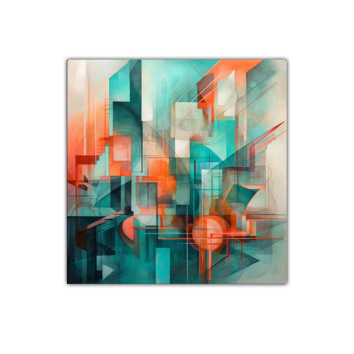Composición abstracta con tonos turquesa y naranja vibrante