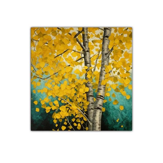 Árbol de hojas doradas con tronco plateado en fondo turquesa
