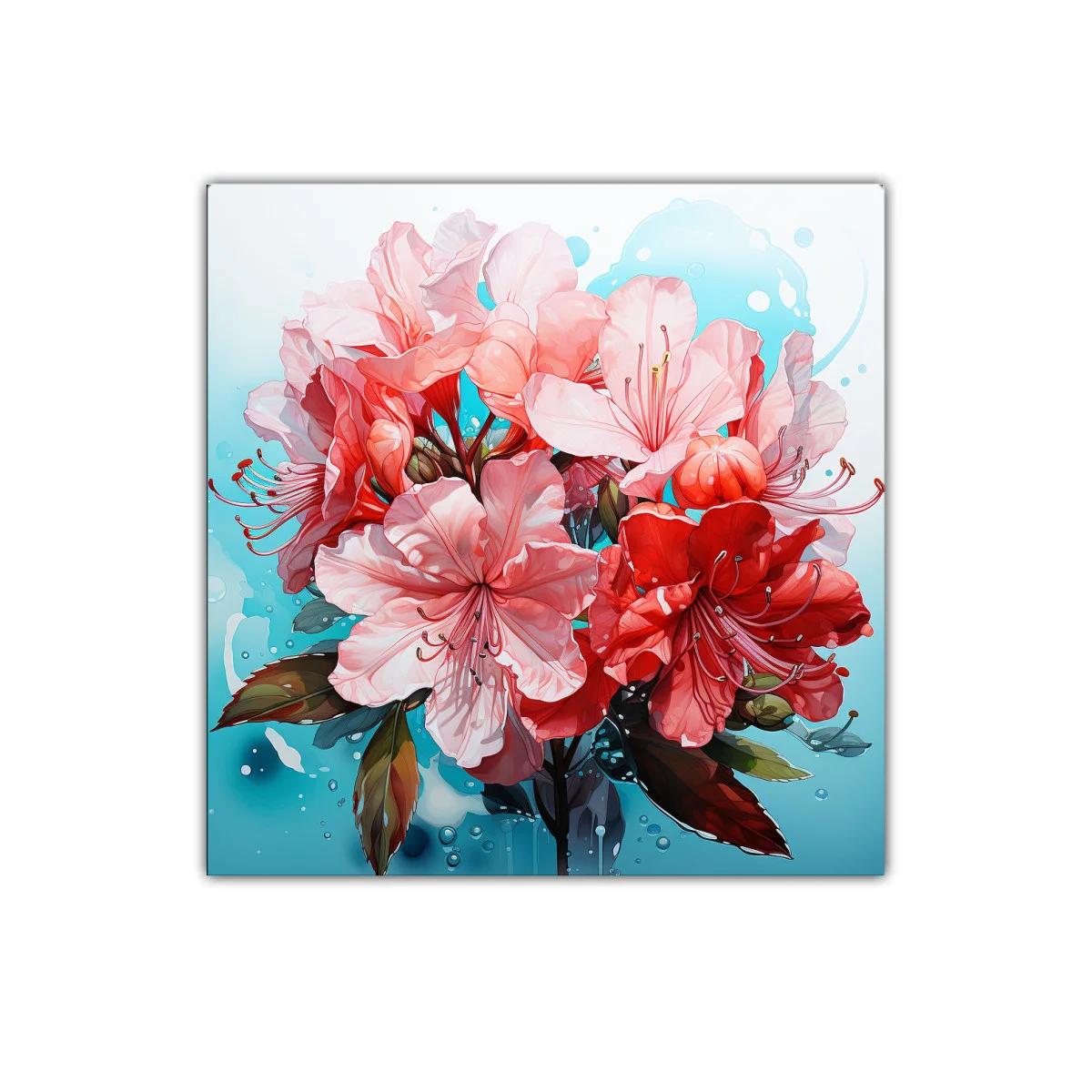 Cuadro Floral con Flores Rojas y Rosadas sobre Fondo Turquesa