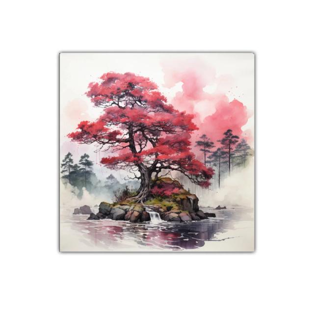 Árbol rojo sobre isla rocosa en lago sereno