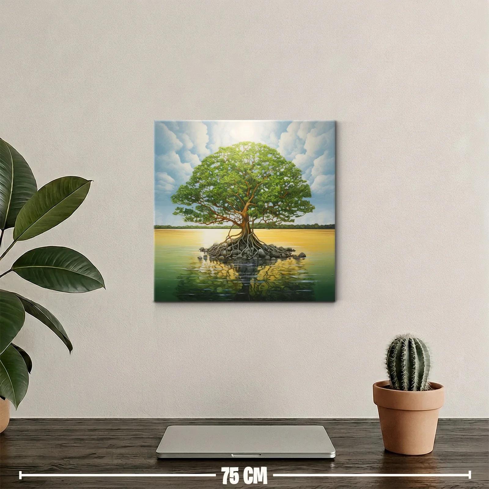 Árbol solitario sobre lago en tranquila puesta de sol — miniatura 2