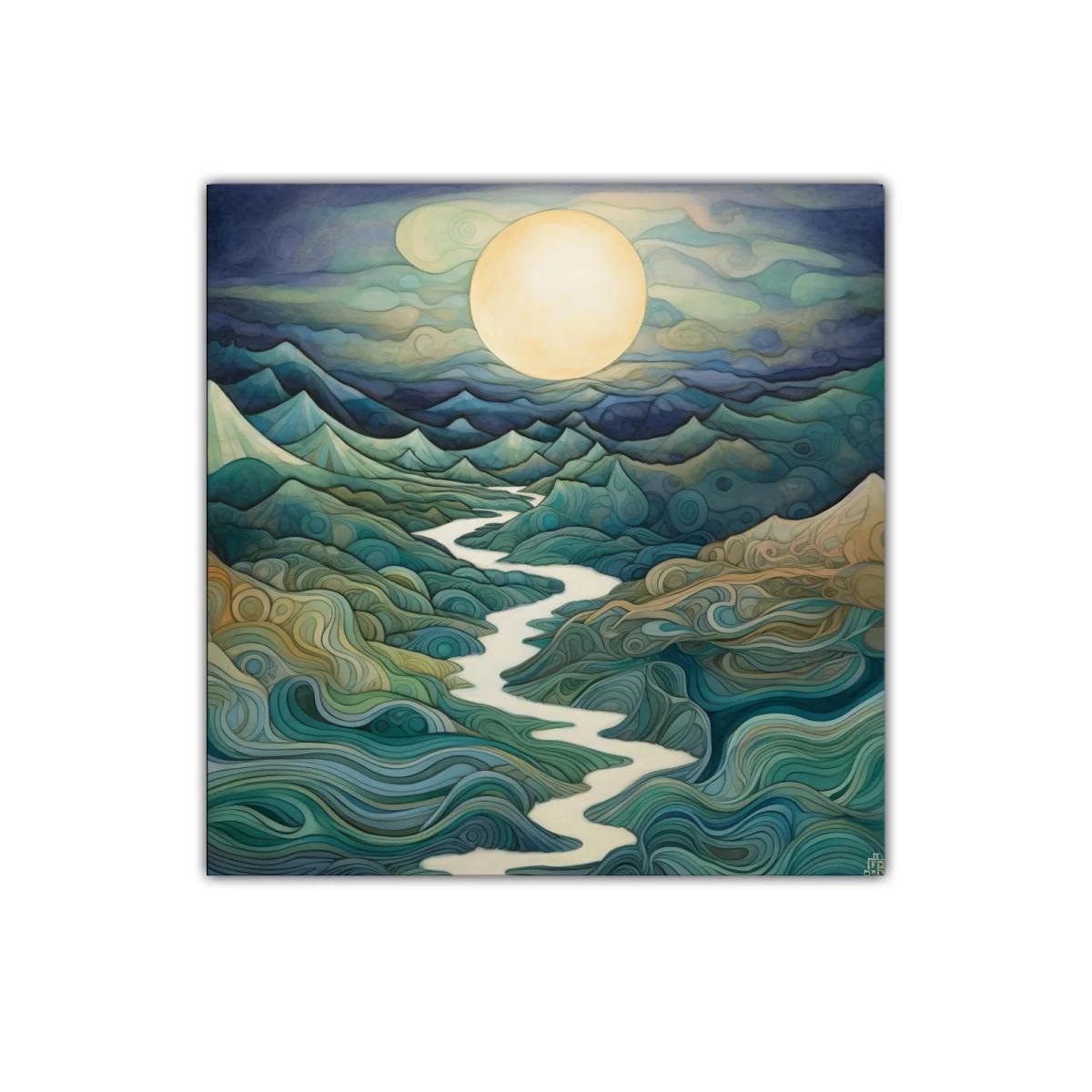 Paisaje onírico con río serpenteante bajo luna llena — imagen principal