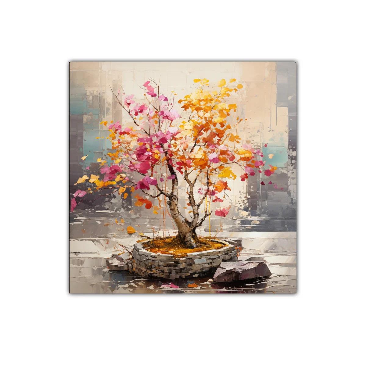 Árbol colorido con hojas otoñales sobre base de piedra — imagen principal