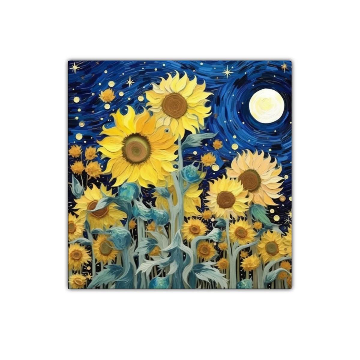 Girasoles bajo un cielo nocturno estrellado y vibrante