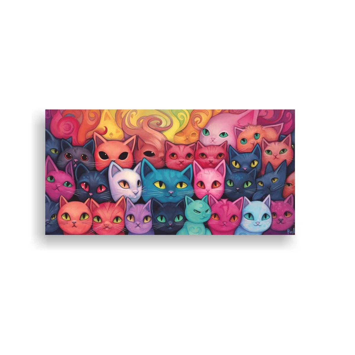 Cuadro grupo de gatos de colores con un gato turquesa destacado