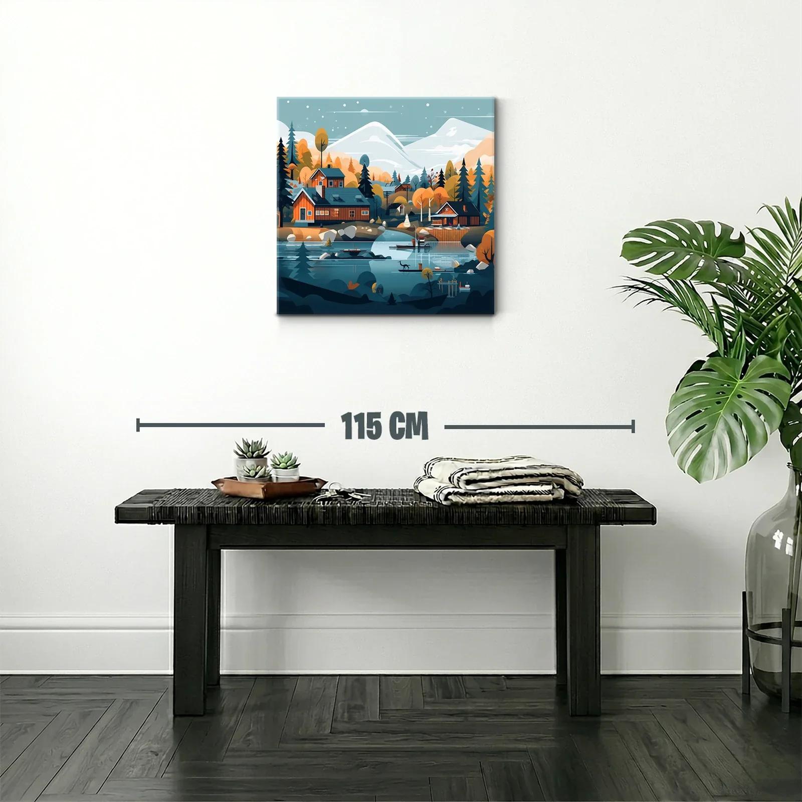 Paisaje sereno de cabañas junto al lago y montañas nevadas — miniatura 2