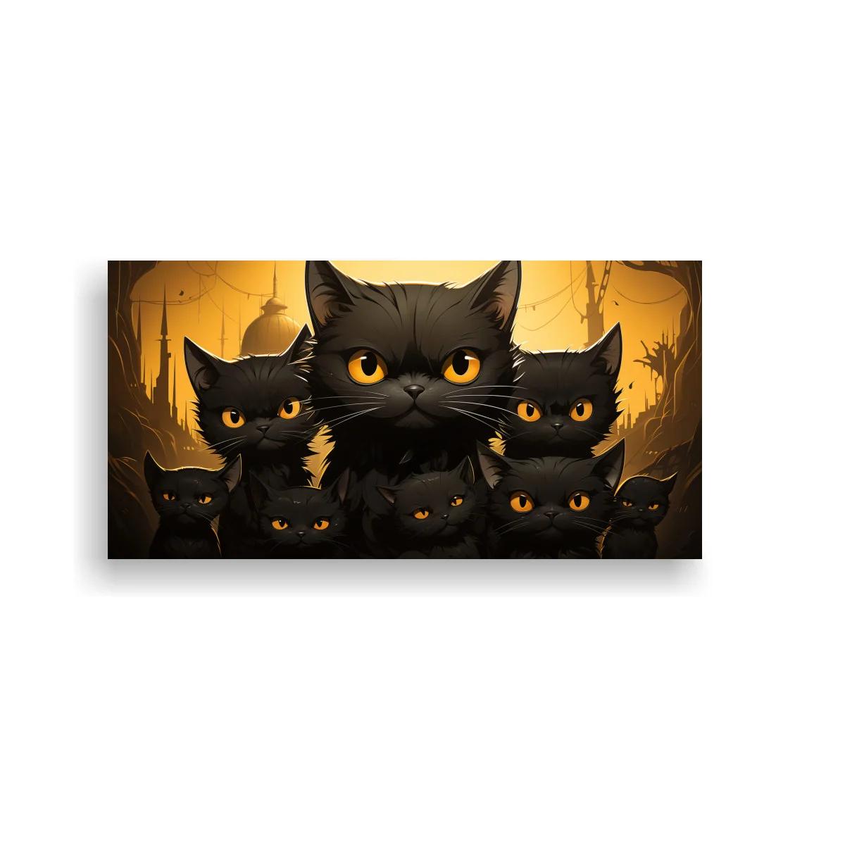 Cuadro grupo de gatos negros con bosque en contraluz