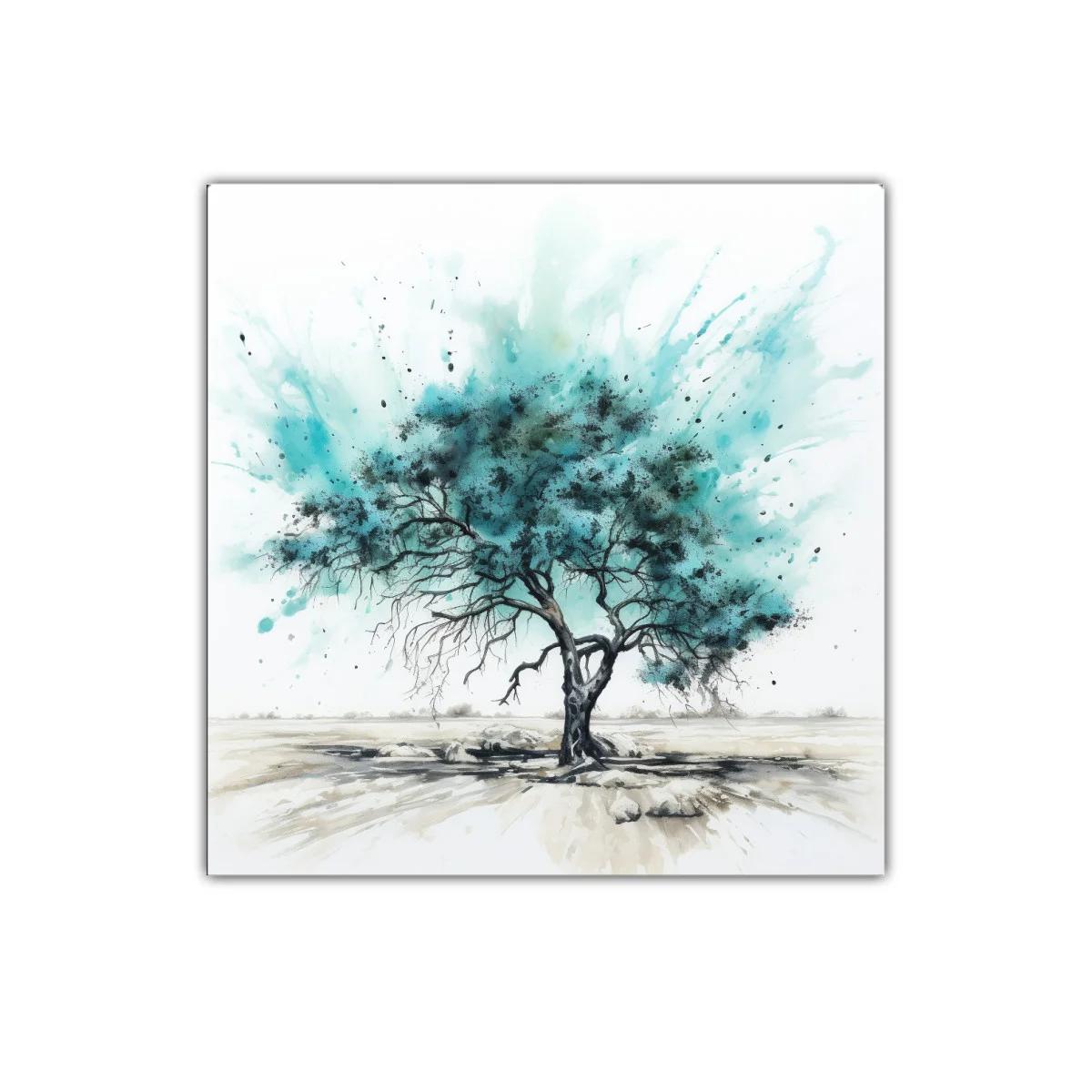 Árbol solitario con vibrantes tonos turquesa y negro