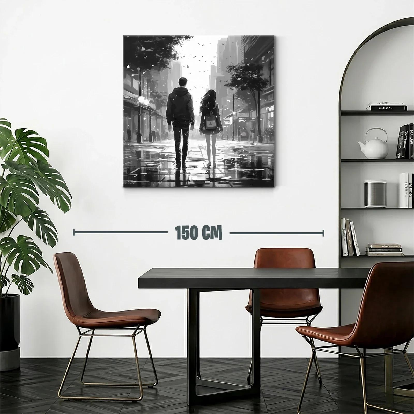 Pareja caminando en ciudad bajo lluvia suave en blanco y negro — miniatura 2