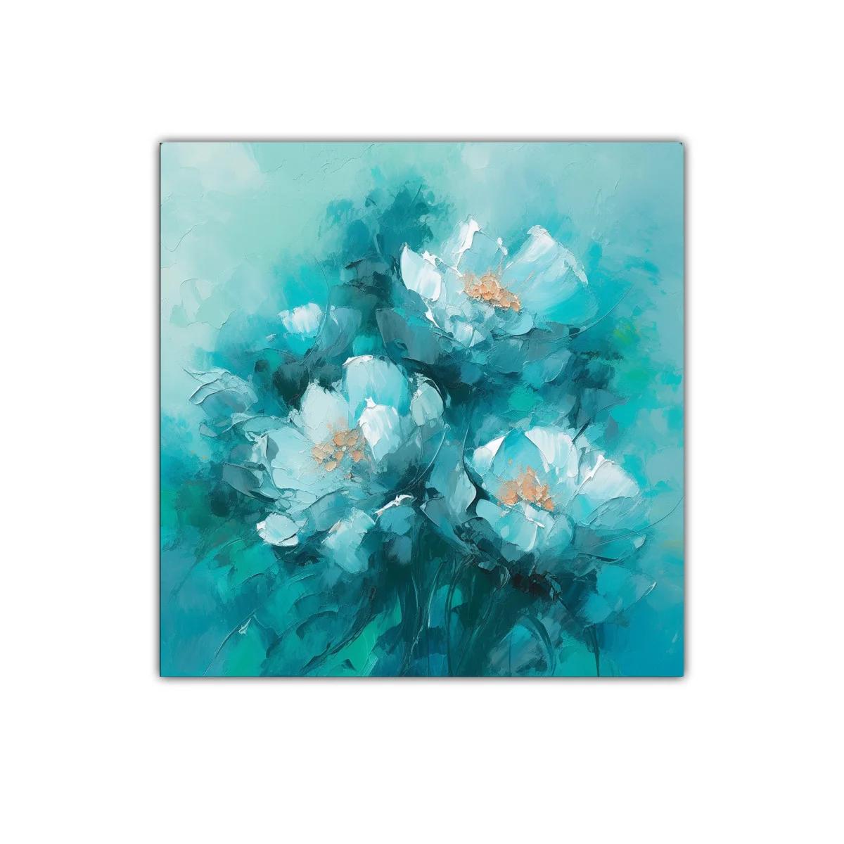 Cuadro decorativo con flores en tonos azul y blanco