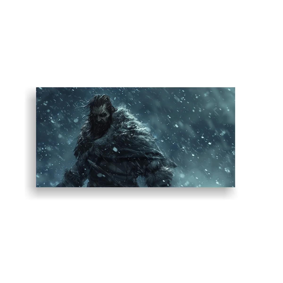 Cuadro guerrero barbudo con capa de pieles en nieve