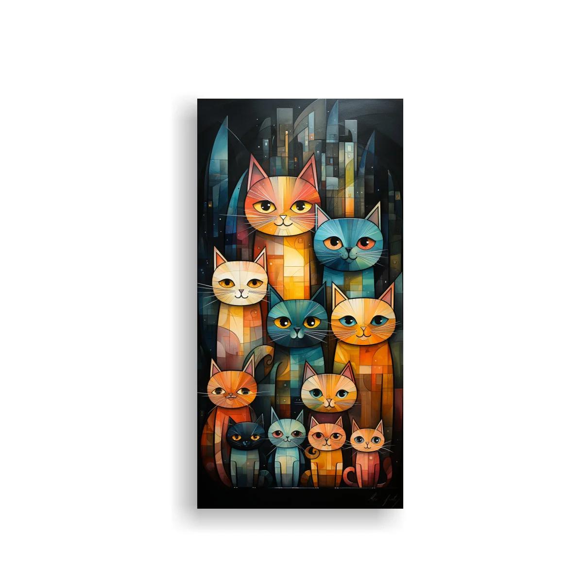Cuadro grupo de gatos de colores con ciudad geométrica