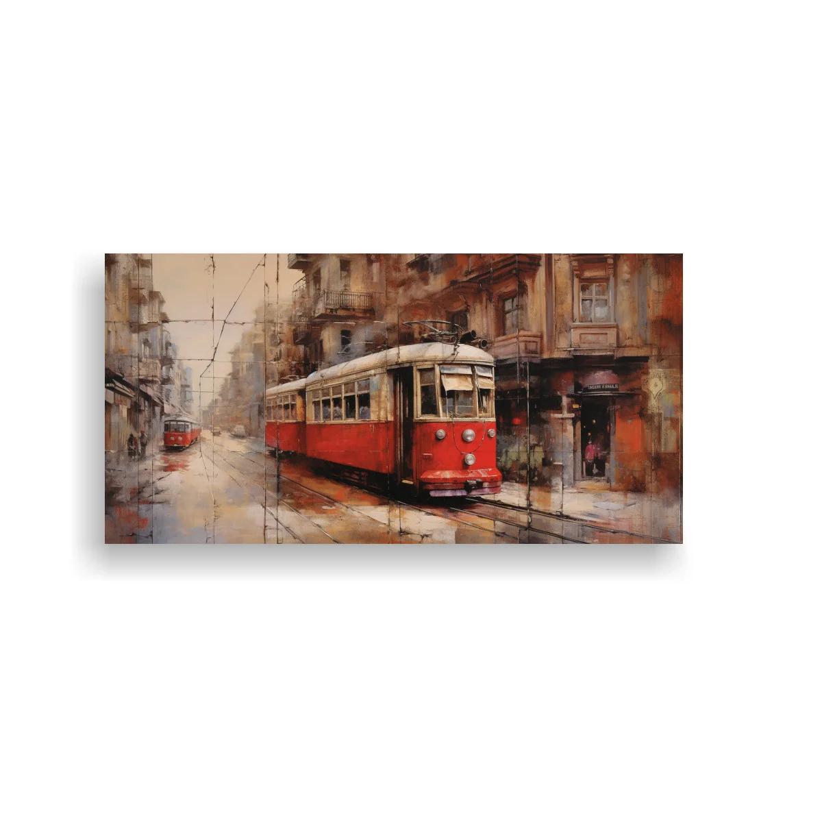 Cuadro tranvía rojo entre edificios antiguos