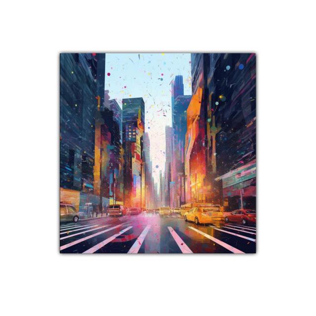 Ciudad vibrante al atardecer con luces urbanas coloridas