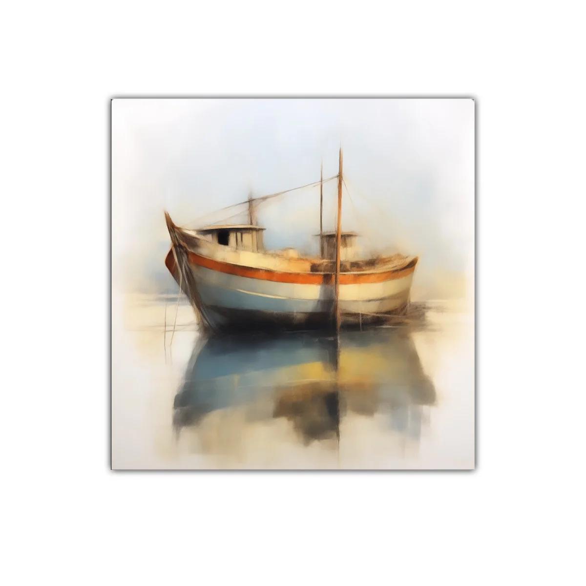 Barco pesquero en tonos suaves y reflejos calmados — imagen principal