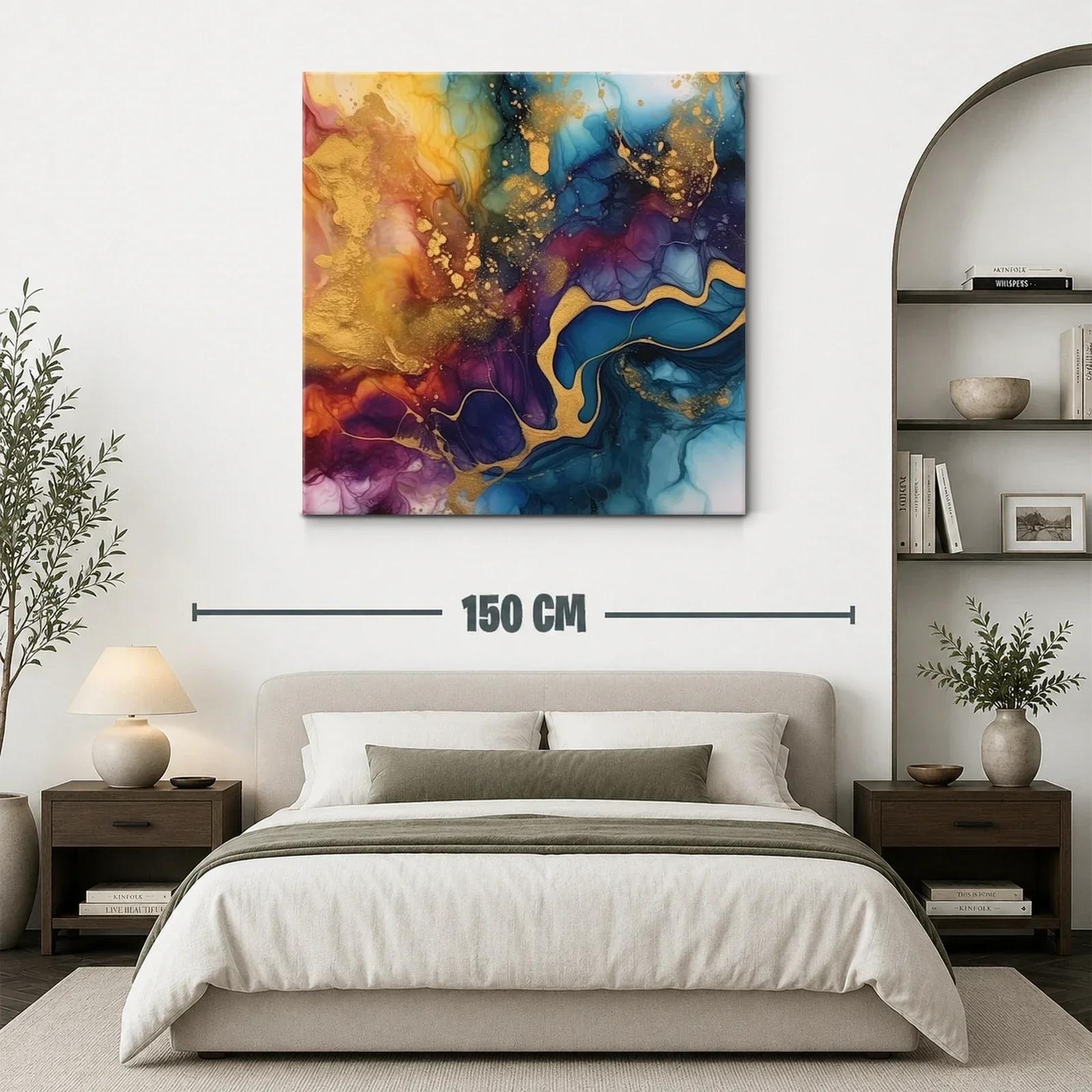 Cuadro abstracto con tonos dorados y azulados vibrantes — miniatura 3