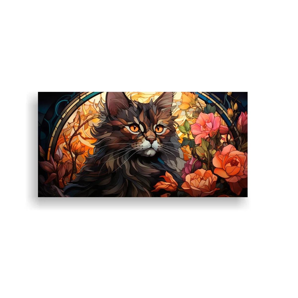 Cuadro gato de pelo largo en marco circular con rosas