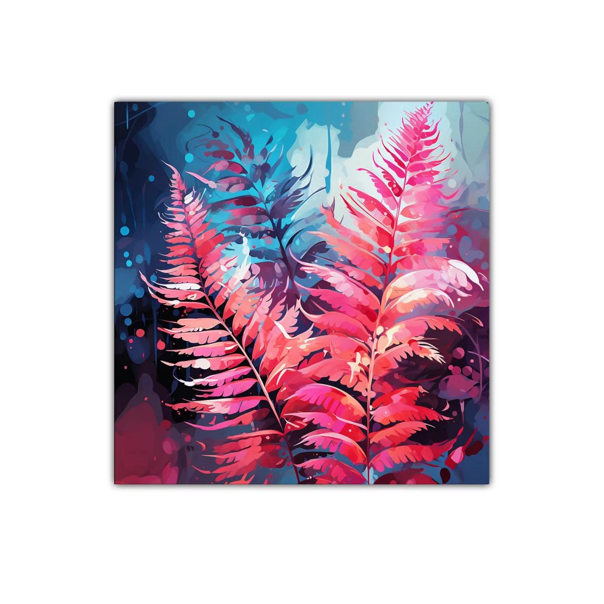 Cuadro decorativo con hojas en tonos fucsia y azul — imagen principal