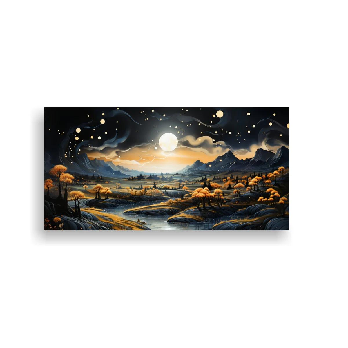 Cuadro paisaje nocturno con luna llena y río serpenteante