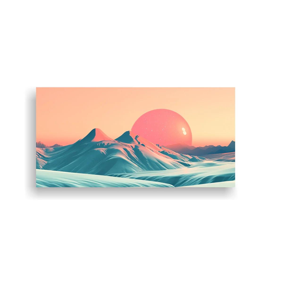 Cuadro paisaje de montañas nevadas con astro rosado