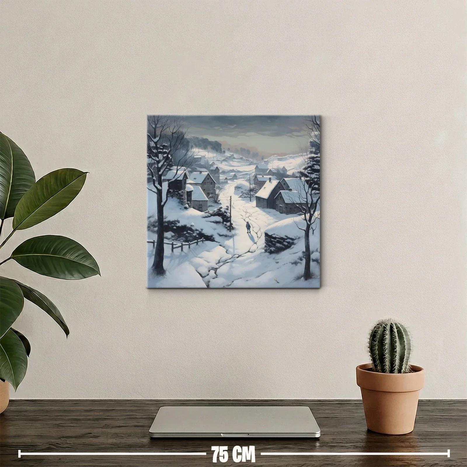 Paisaje nevado con aldea y silueta solitaria en invierno — miniatura 2