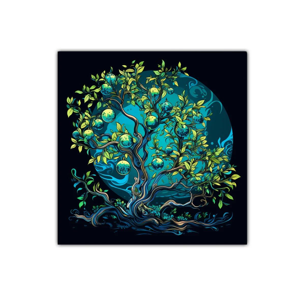 Árbol mágico con frutos azules en fondo místico