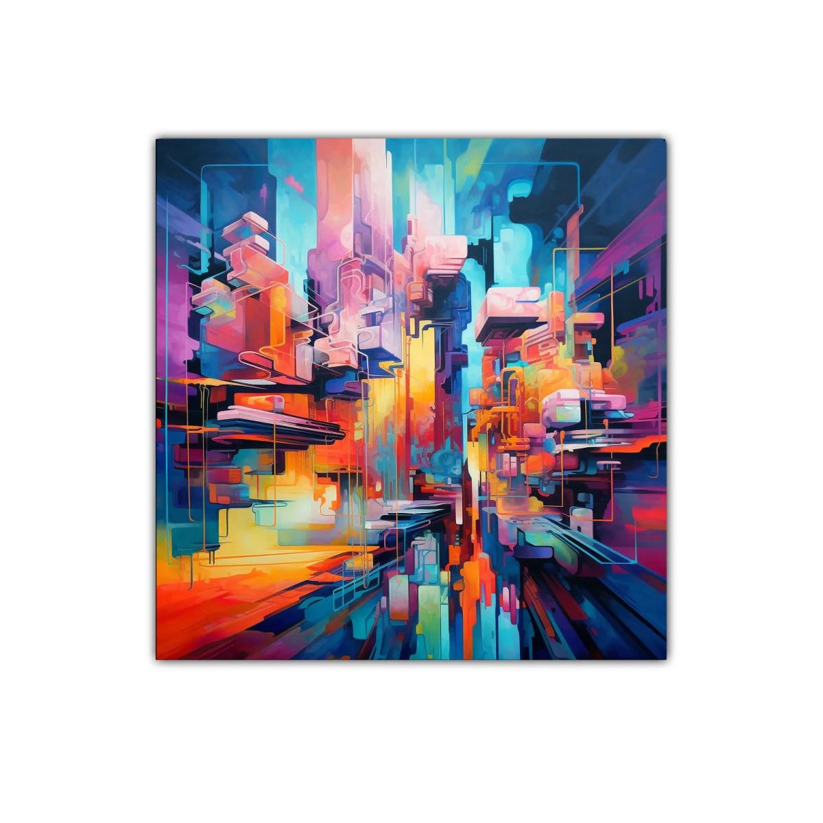 Cuadro abstracto con vibrante ciudad futurista en colores vivos