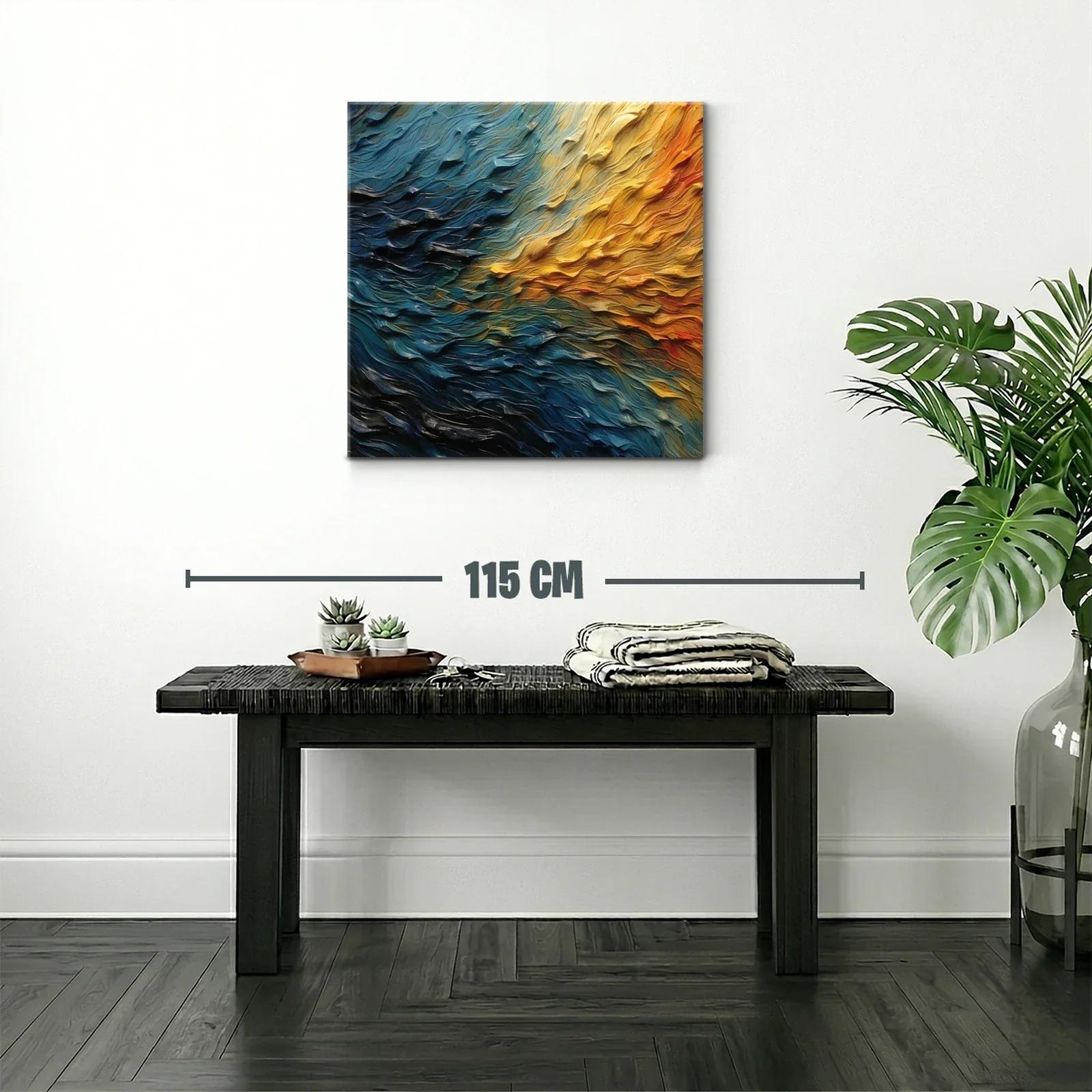 Cuadro abstracto con textura ondulada en tonos cálidos y fríos — miniatura 2