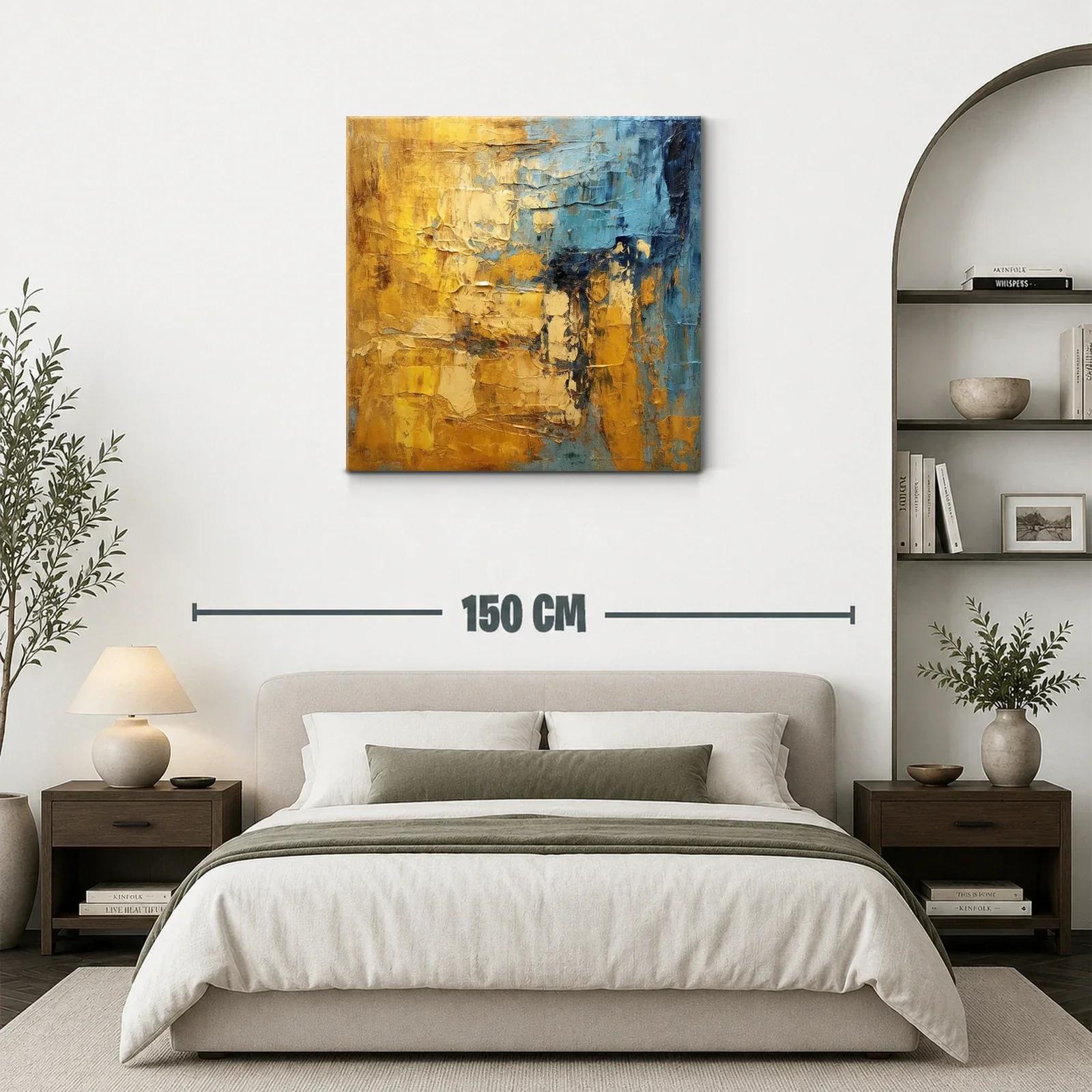 Cuadro abstracto con texturas y tonos dorados y azules — miniatura 3