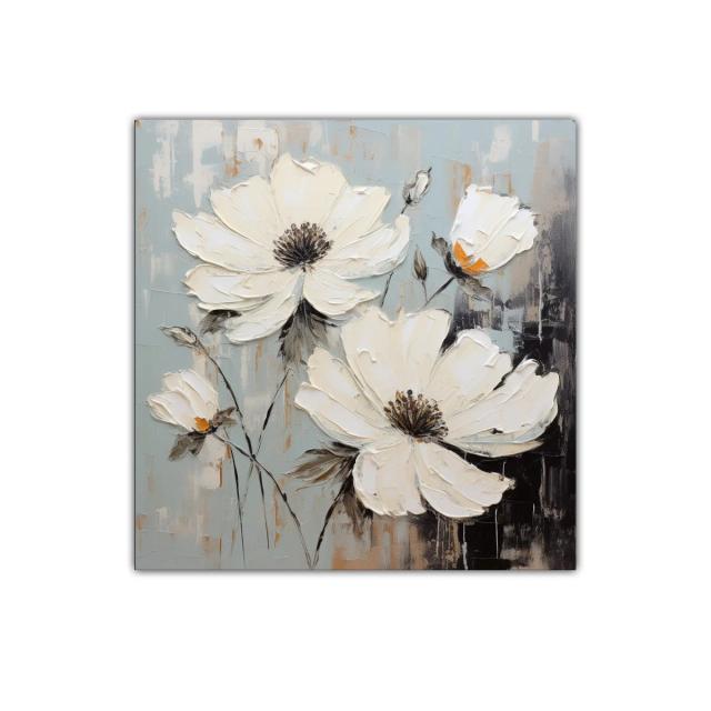 Flores blancas sobre fondo gris con toques ocres suaves