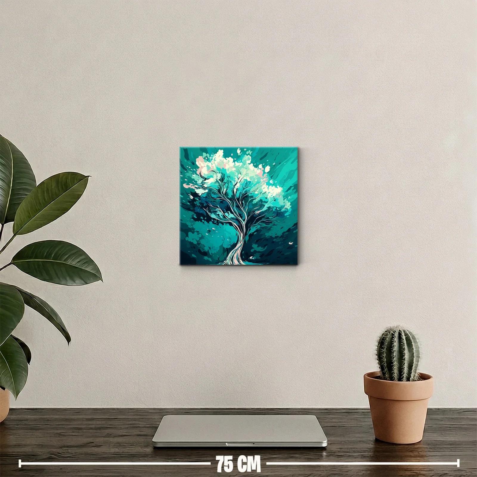Cuadro decorativo moderno con árbol en tonos azules y turquesa — miniatura 2