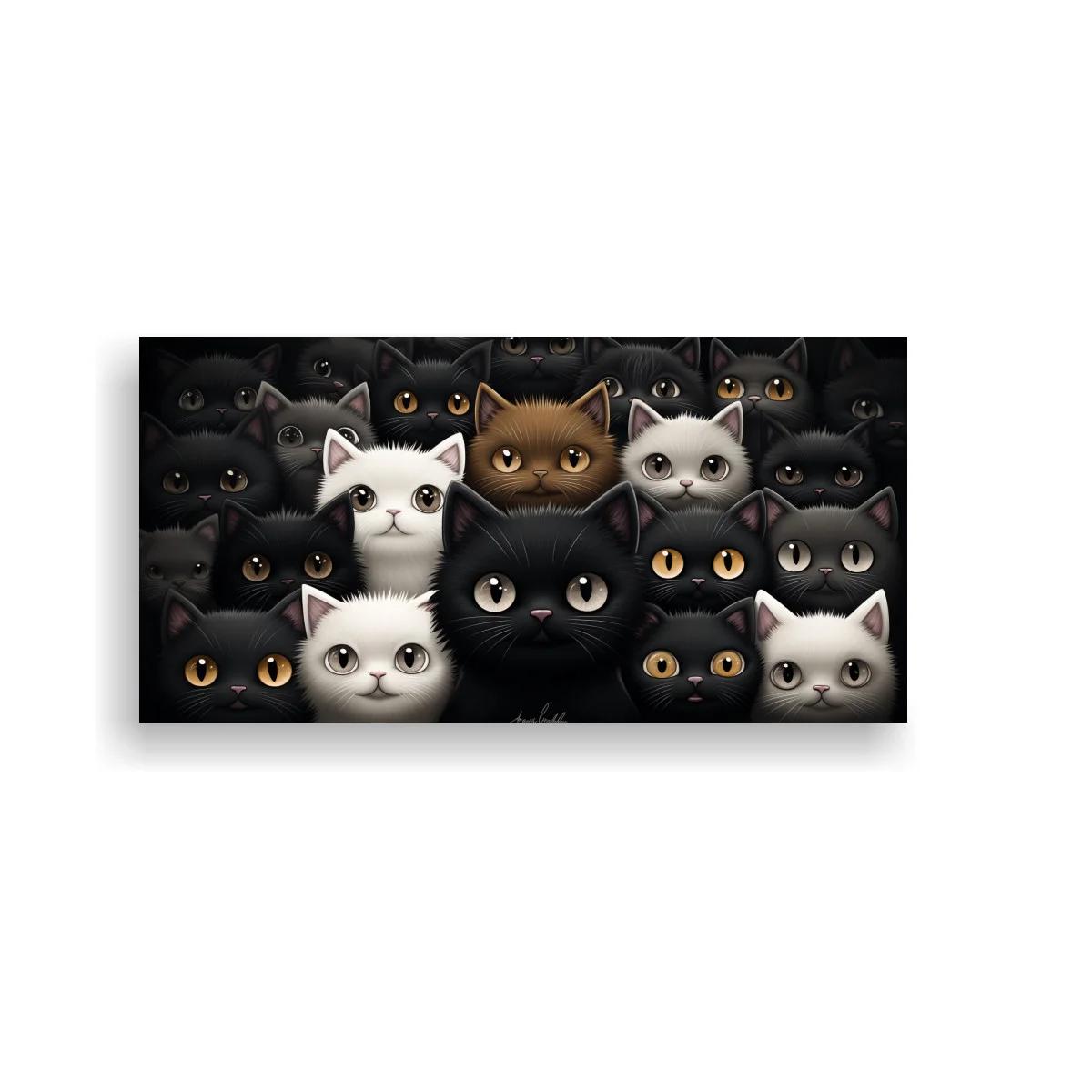 Cuadro grupo de gatos con ojos grandes y fondo oscuro