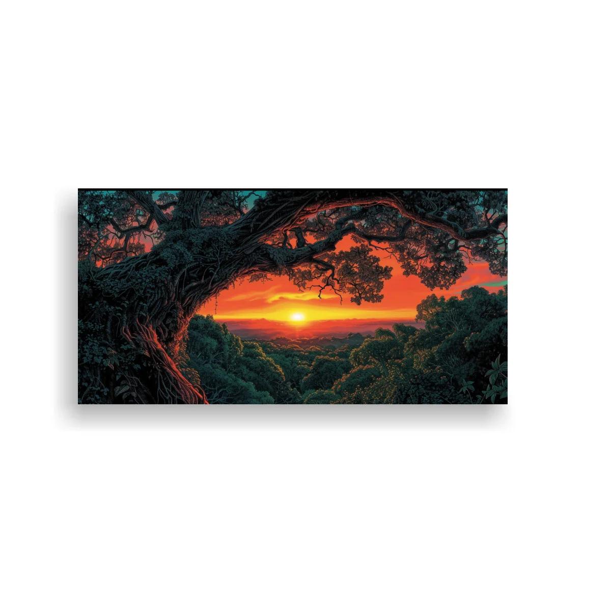 Cuadro atardecer entre árboles con valle y ramas oscuras — imagen principal