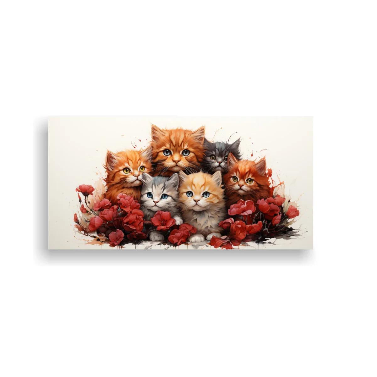 Cuadro cinco gatitos entre rosas rojas