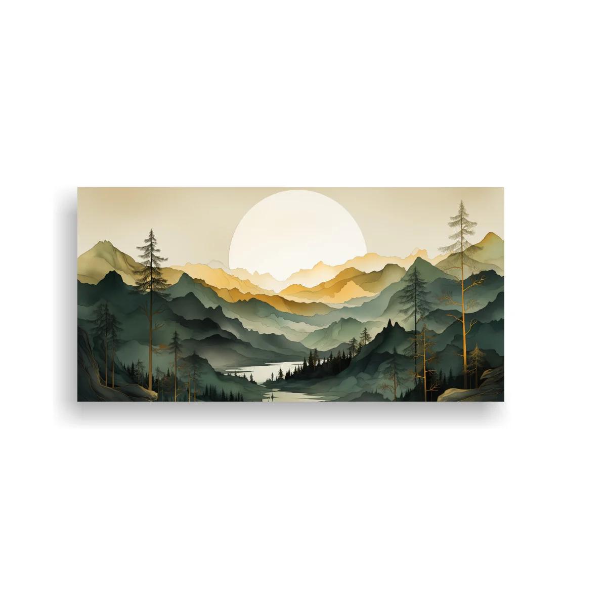 Cuadro paisaje de montañas con lago y pinos en capas