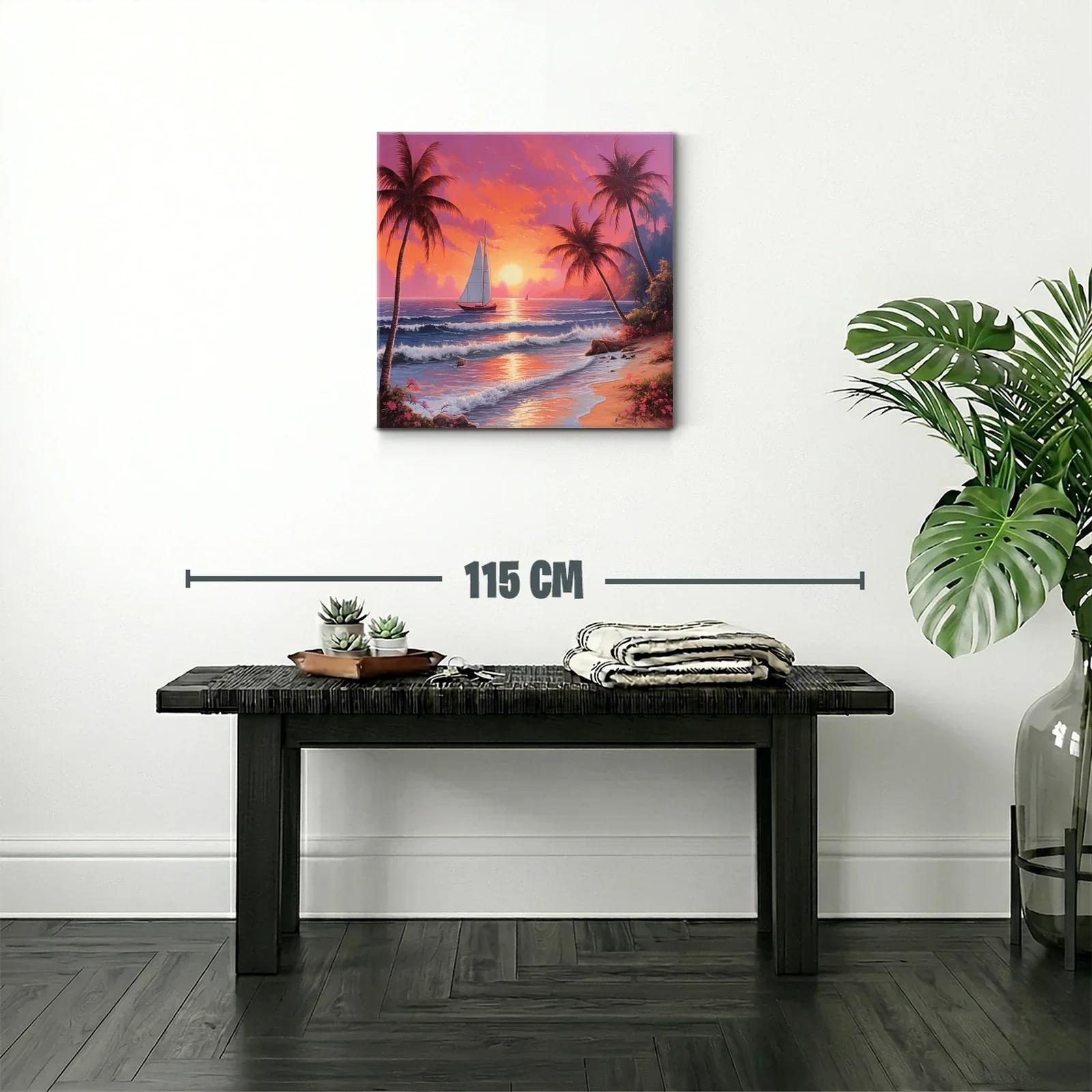 Atardecer tropical con velero y palmeras en la playa — miniatura 2