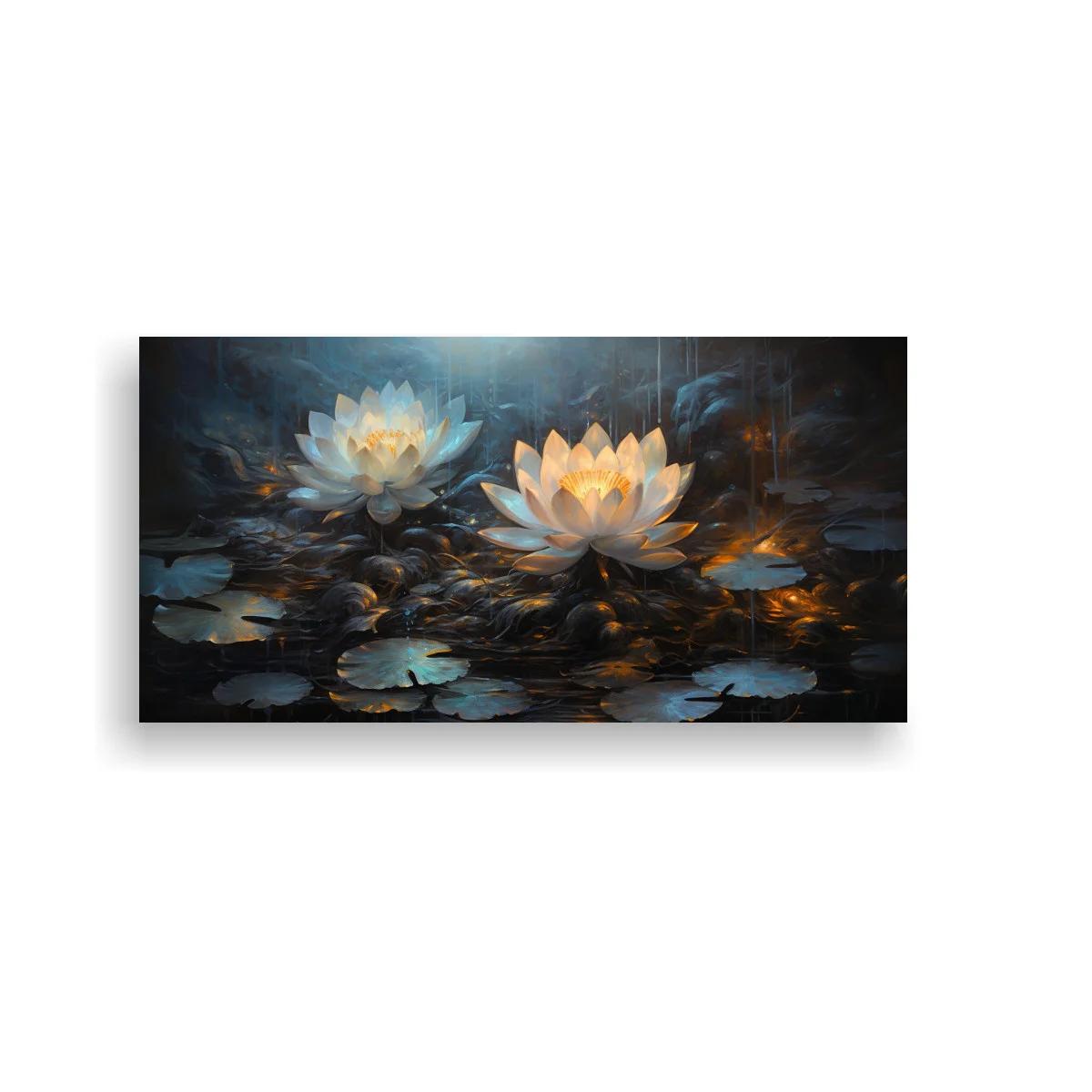 Cuadro flores de loto luminosas sobre agua oscura — imagen principal
