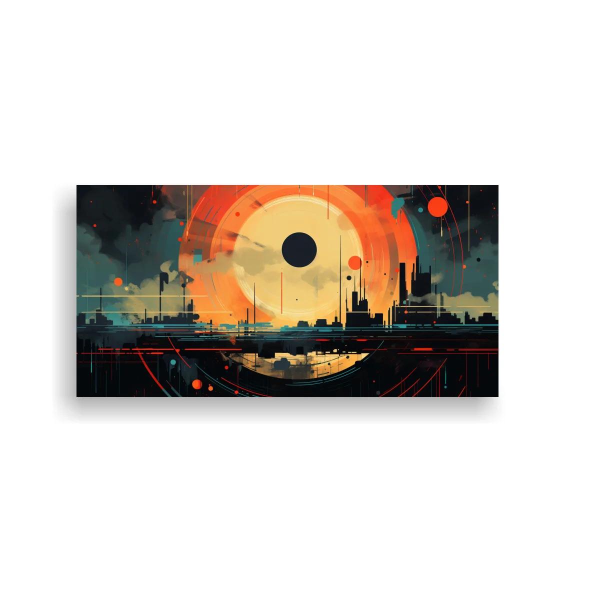 Cuadro sol abstracto sobre skyline urbano con reflejo simétrico — imagen principal