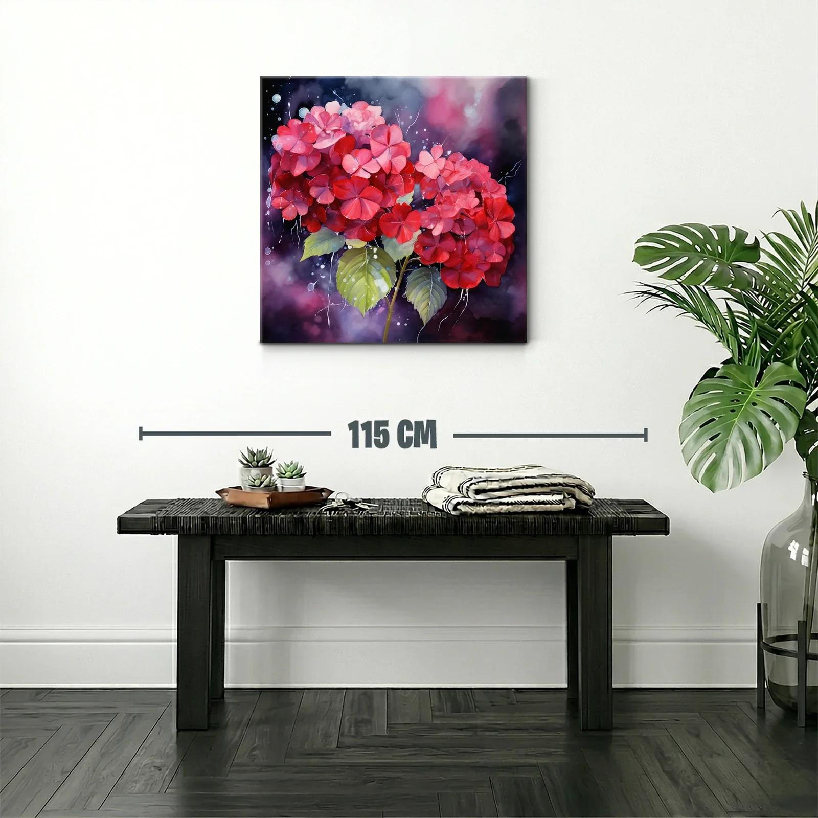 Vibrante cuadro con hortensias en tonos rojos y rosas — miniatura 2