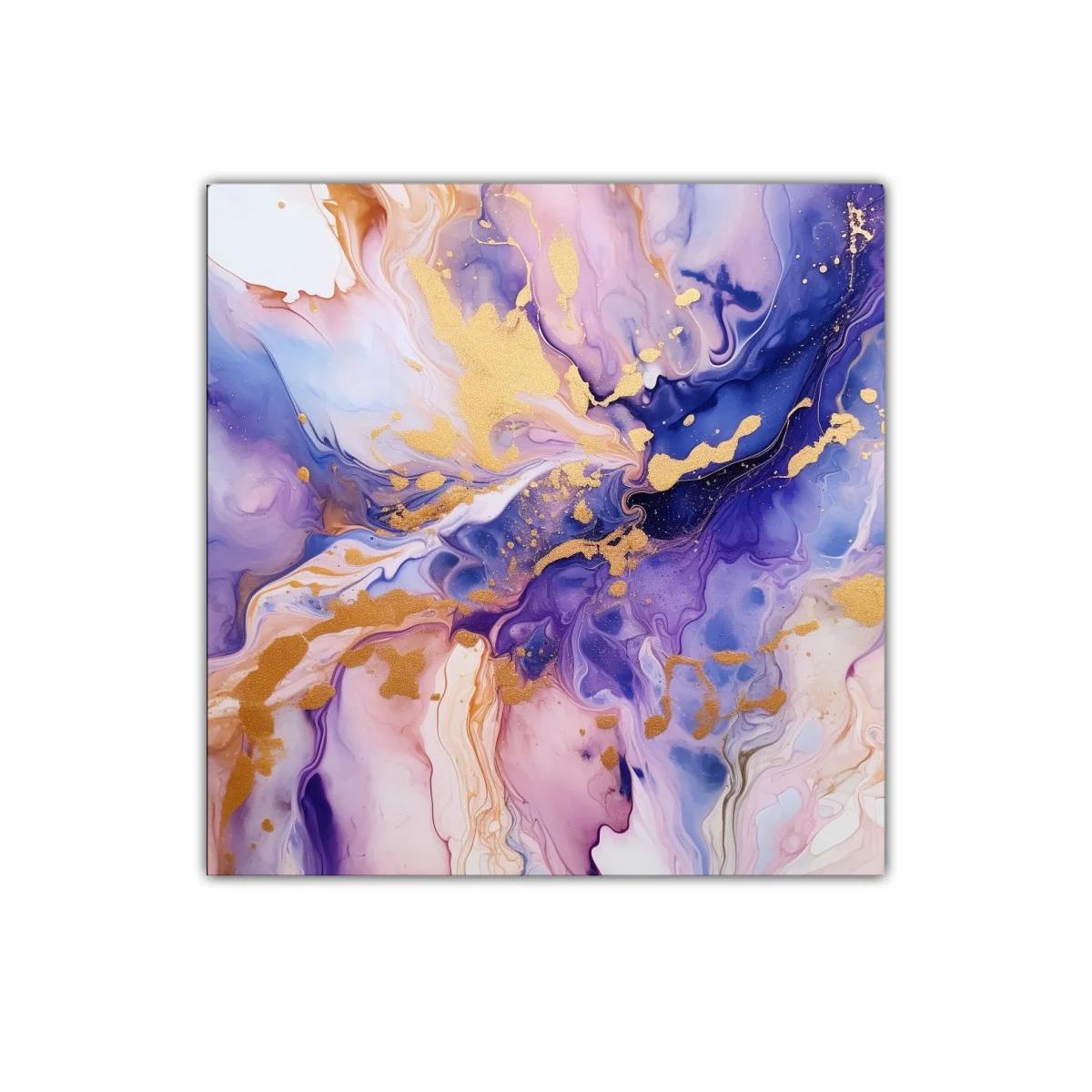Cuadro abstracto en tonos violetas y dorados vibrantes — imagen principal