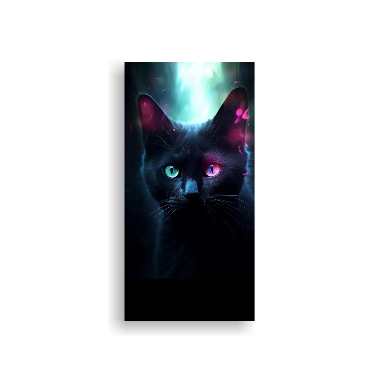 Cuadro gato negro de ojos brillantes y mariposas luminosas