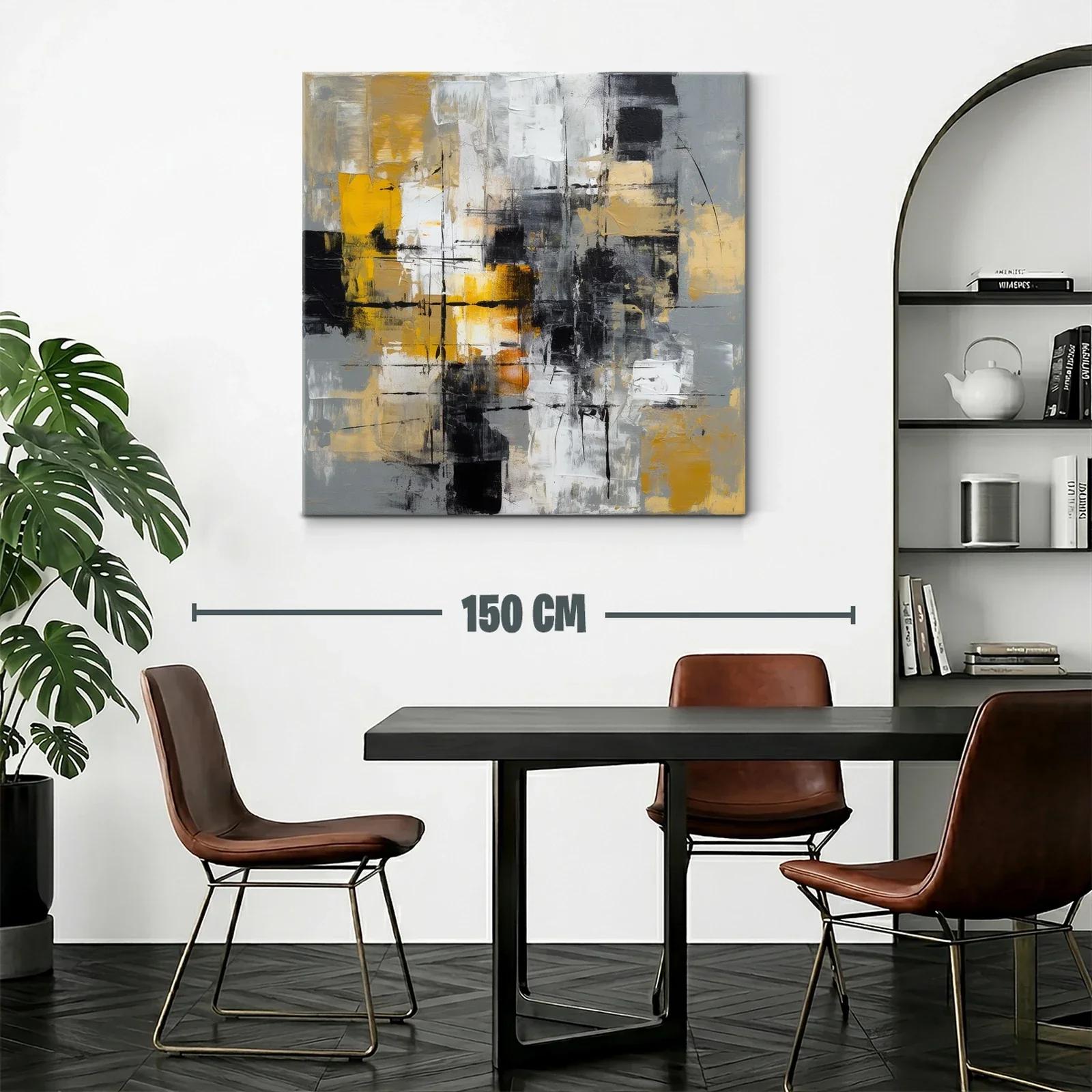 Cuadro abstracto con tonos dorados y acentos en negro y gris — miniatura 2
