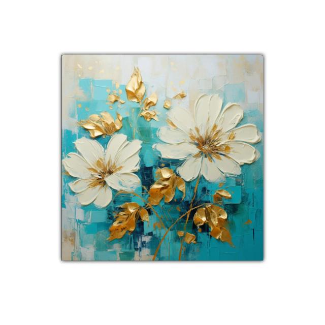 Cuadro floral con pinceladas doradas y fondo turquesa