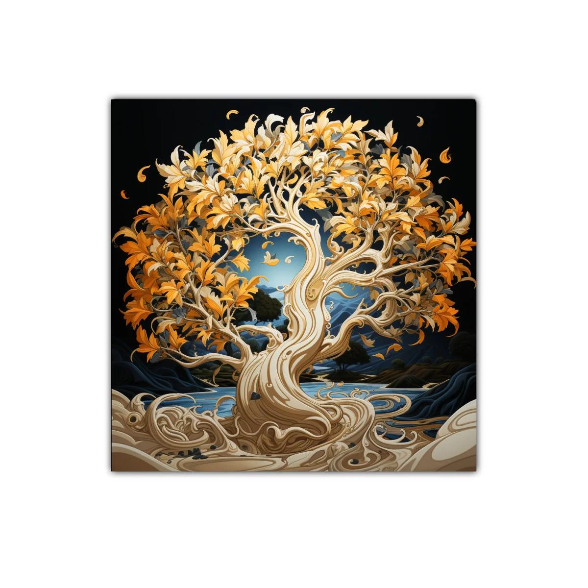 Árbol dorado en paisaje onírico con detalles fluidos — imagen principal